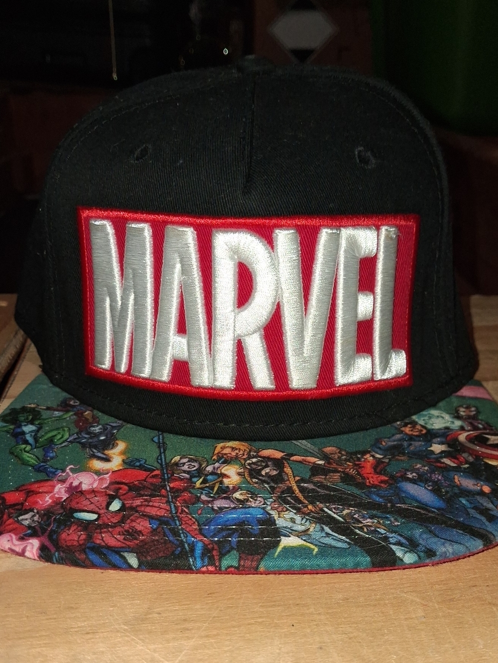 Marvel Black Snapback Hat with Red & White Logo and Multicolor Printed Brim